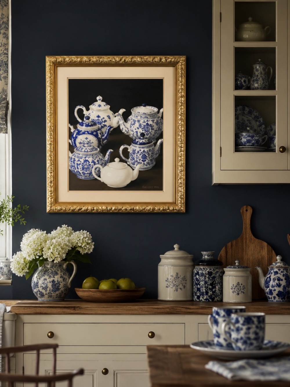 Blue & White Teapots by Galley (1996) -Vintage Framed Still Life Print
